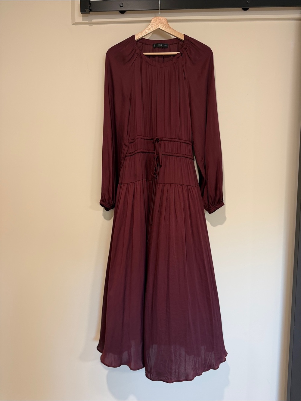 Long-Sleeve Burgundy Tie-Waist Midi Dress